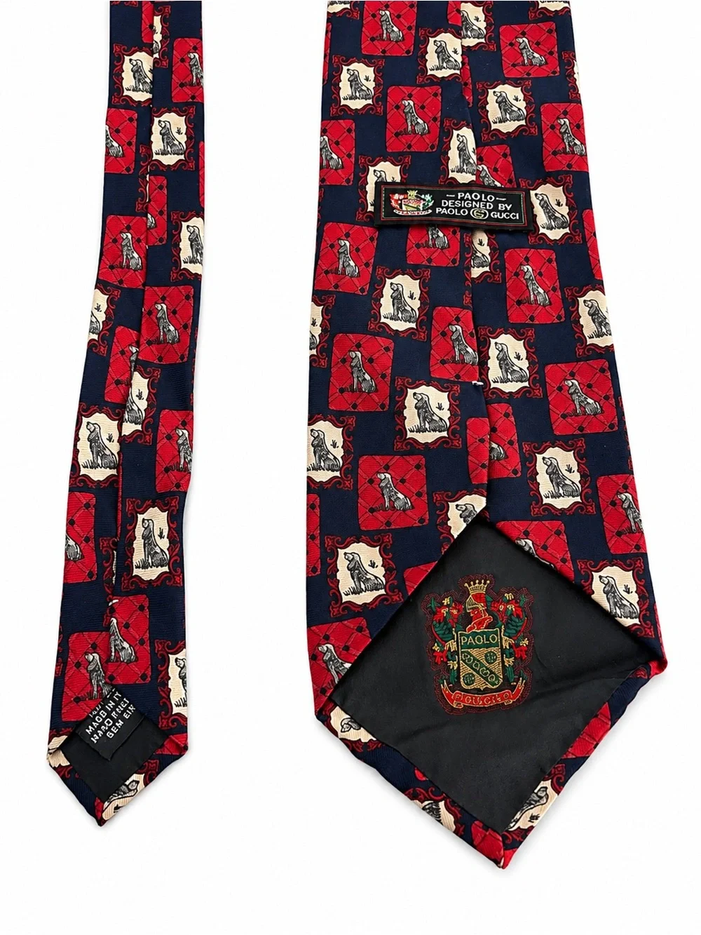 Paolo Gucci 100% Silk Tie Vintage Made in Italy Hunting Dog Red Navy Novelty